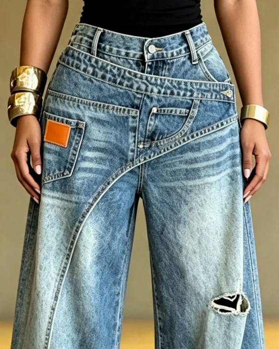 Irregular Ripped Denim Long Pants