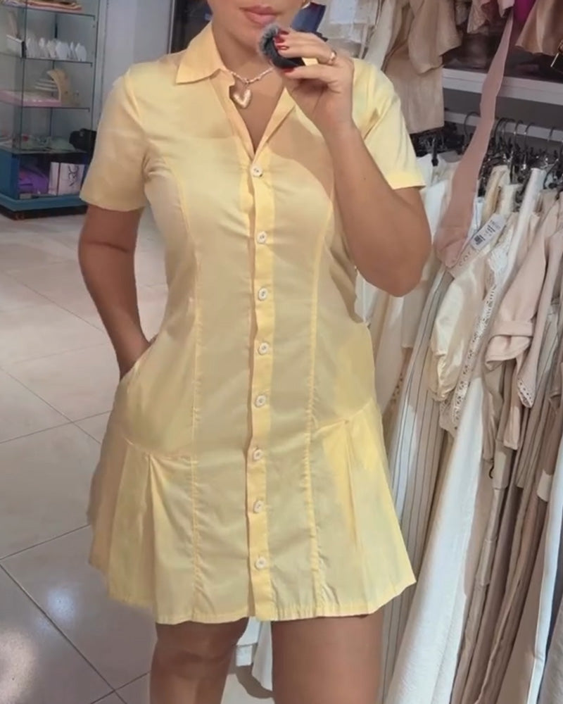 Solid Color Lapel Short Sleeve Shirt Dress