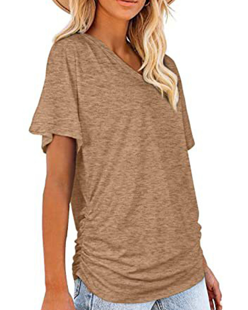 Pleated Solid Color V-Neck T-Shirt