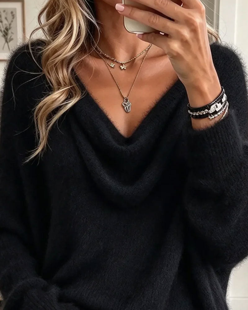 Draped Collar Fringed Plush Loose Pullover