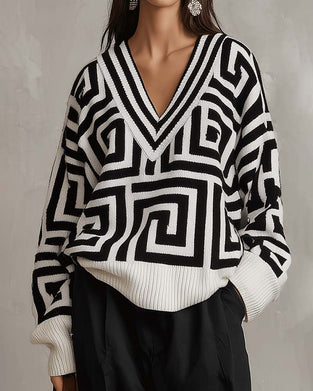 Geometric pattern V-neck knitted Pullovers
