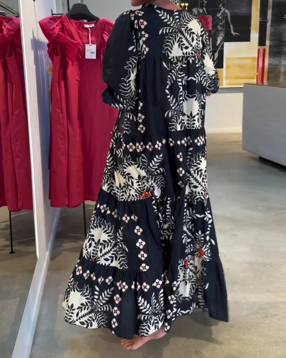 Tie Floral Full Skirt Vacation Maxi Dress