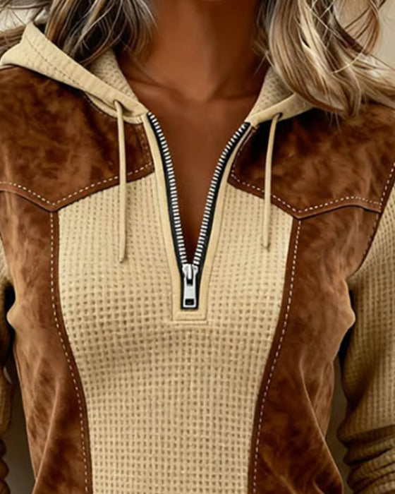 Hooded Zip Waffle Color Block Sweatshirt