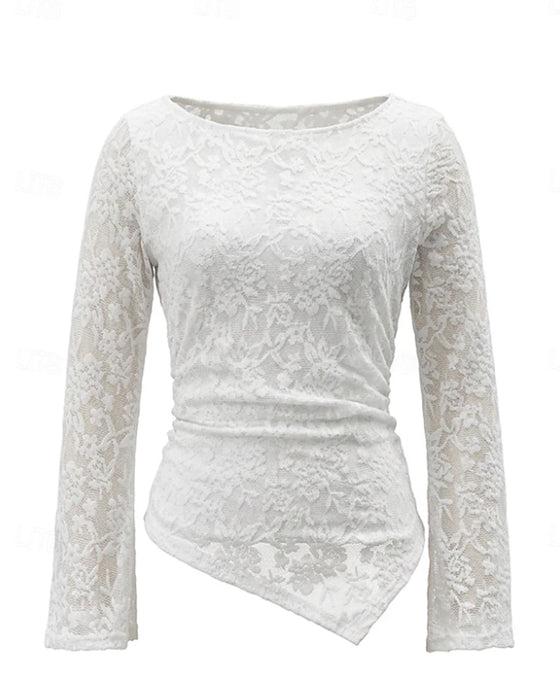 Crew Neck Lace Panel Asymmetric Blouse