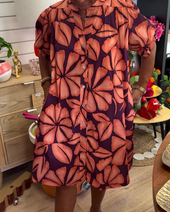 Puff Sleeve Floral Stand Collar Shirt Dress
