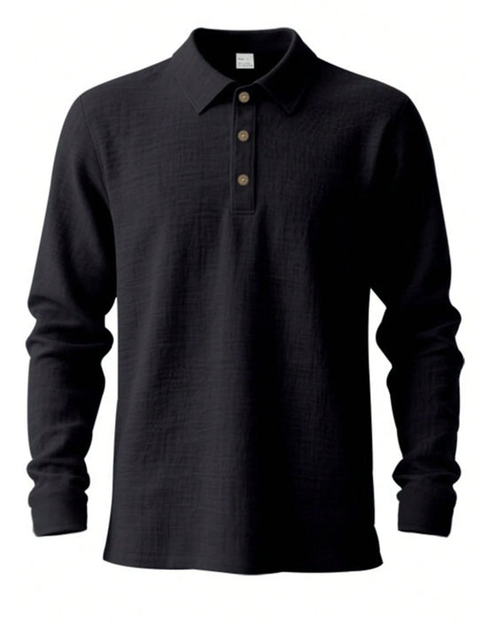 Men's Lightweight Loose Linen Long Sleeve Polo Shirt