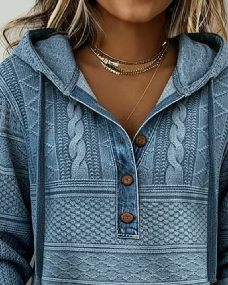 Cable Knit Denim Patchwork Hoodie
