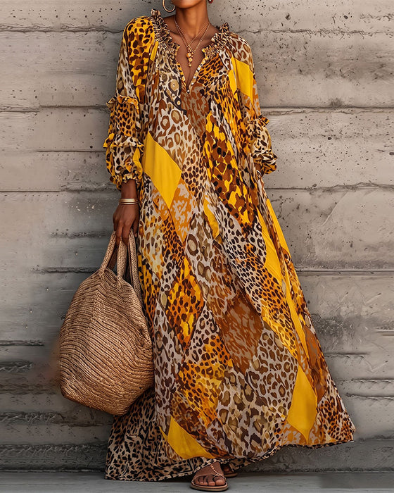 Leopard Color Block Ruffle V-Neck Dress