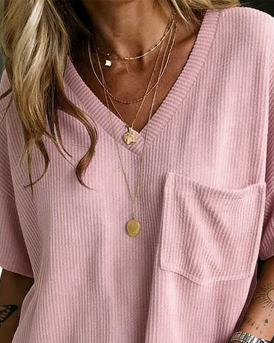 Ribbed V-Neck Pocket Short Sleeve T-Shirt