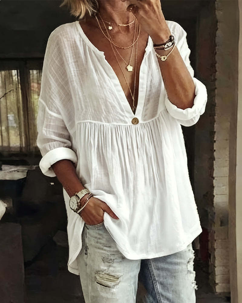 V-Neck Half Placket Long Sleeve Blouse