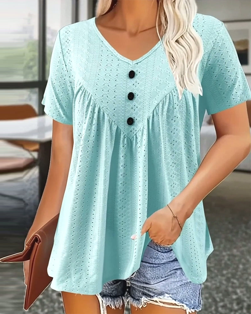 Casual Hollowed-Out V-Neck Short-Sleeve T-shirt
