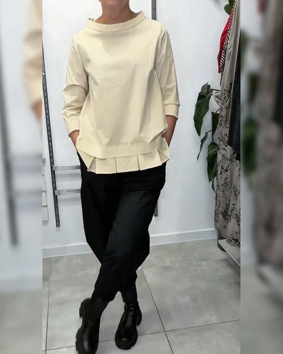 100% Cotton Wide-Collar Solid Color Casual Blouse