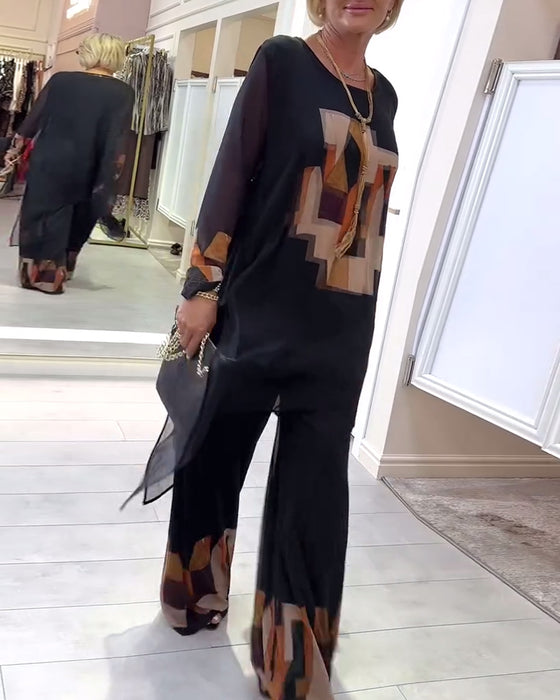 Temperament Long-Sleeved Printed Wide-Leg Suit