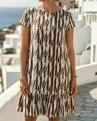 Round Neck Printed Short-Sleeve A-Line Dress