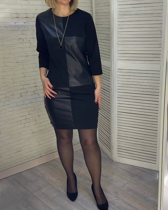 PU leather patchwork round neck dress