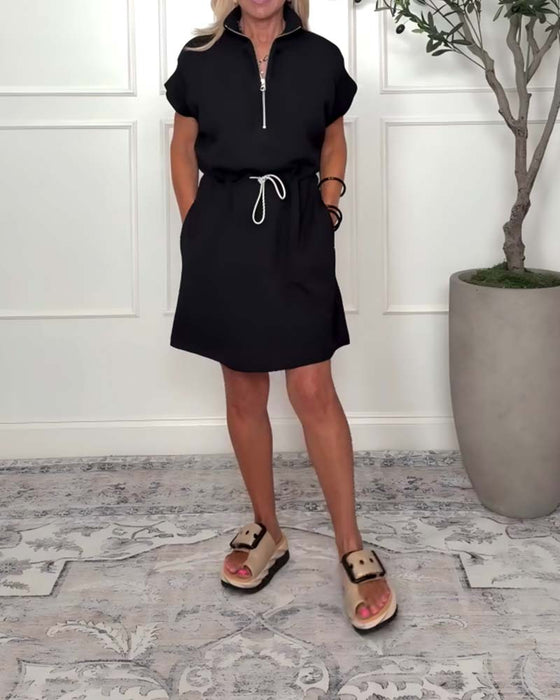 Zipper Drawstring Waist Casual Dress