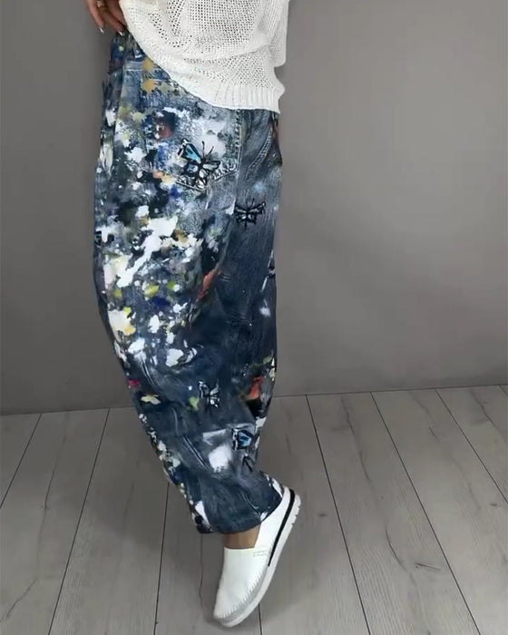 Splatter Print Drawstring Jeans