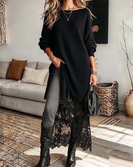 Loose Lace Patchwork Solid Color Dress