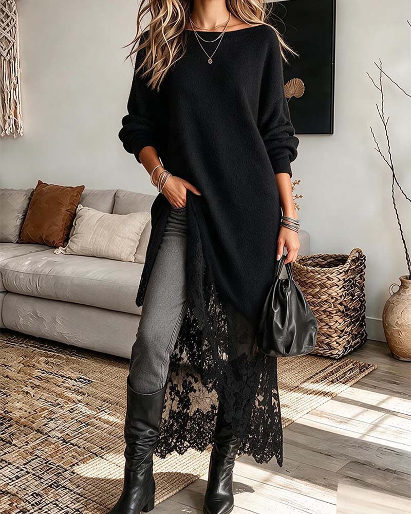 Loose Lace Patchwork Solid Color Dress