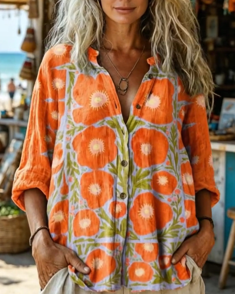 Stand Collar Button-Up Vintage Floral Shirt