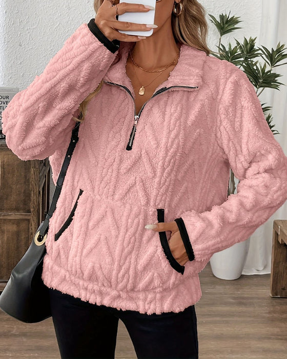 Lapel Zipper Front Fuzzy Sweatshirt