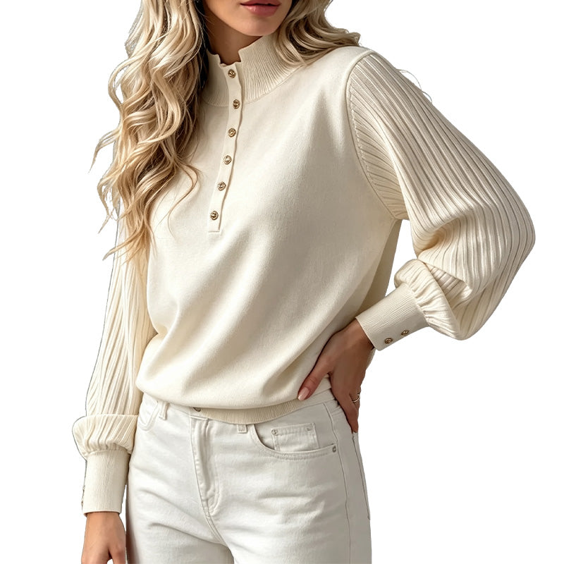 Turtleneck Button Ribbed Puff Sleeve Sweater Pullover