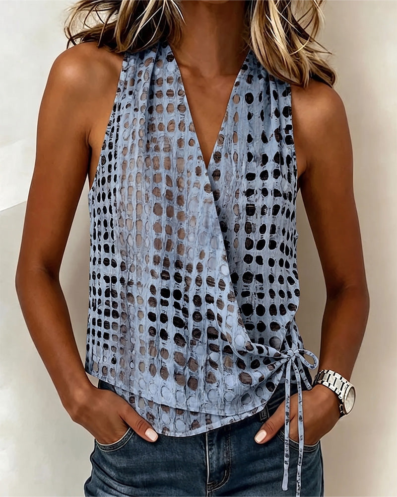 V-Neck Cross Halter Polka Dot Sleeveless Blouse