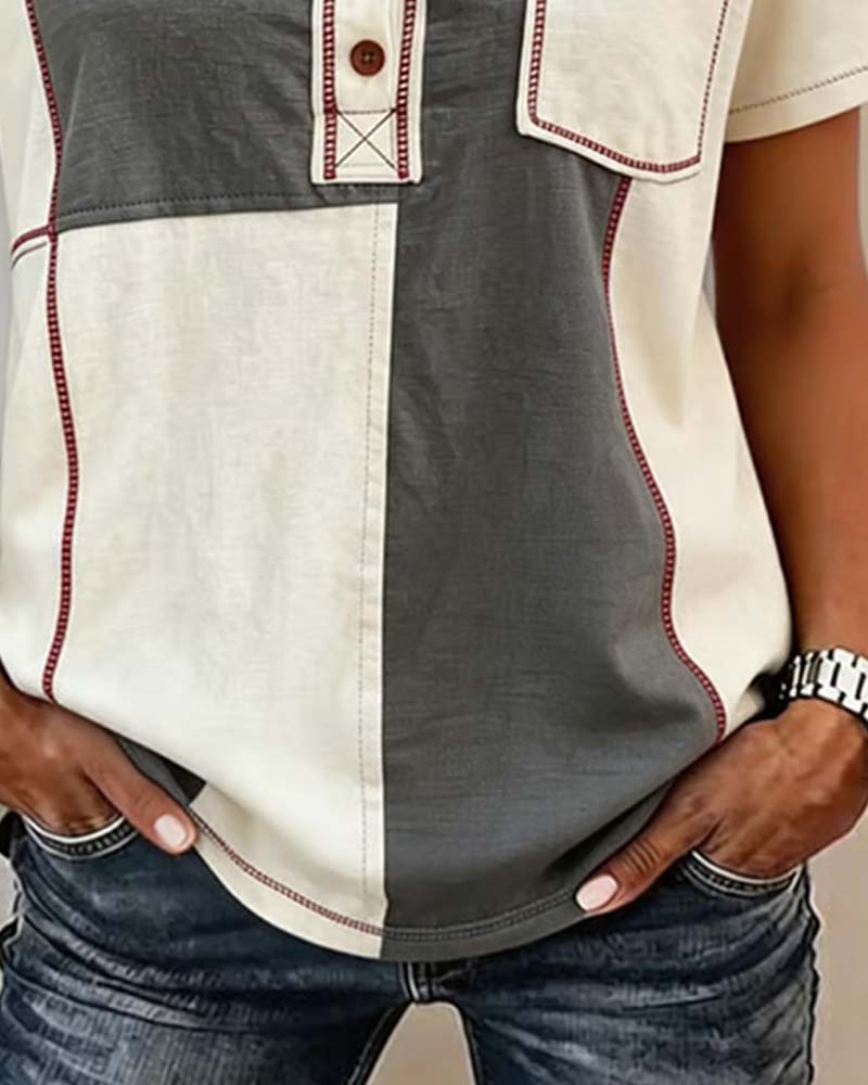 Contrast Color Crew Neck Button Patchwork T-Shirt