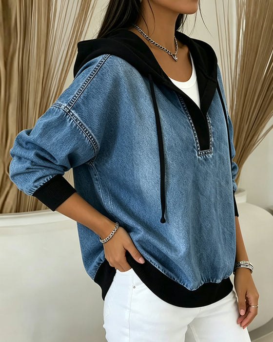 Color-Block V-Neck Drawstring Hoodie