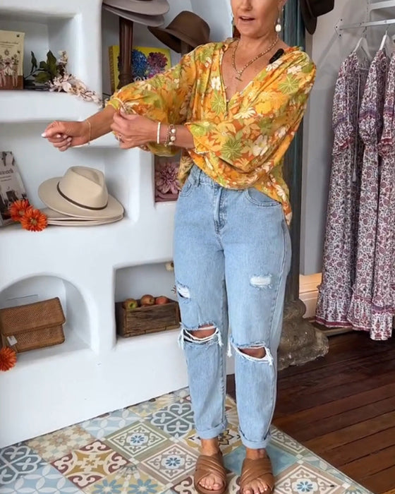 V-neck floral print blouse