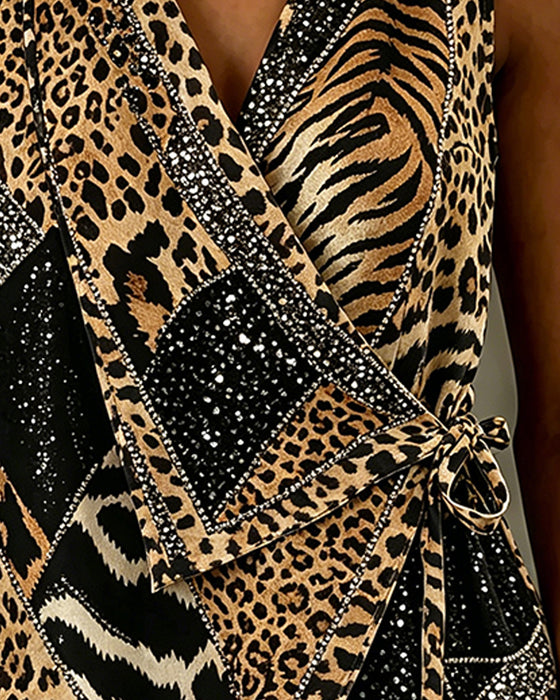 Leopard Print Tie Front Sleeveless Blouse