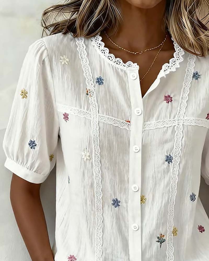 Button-Down Lace Spliced Shirt