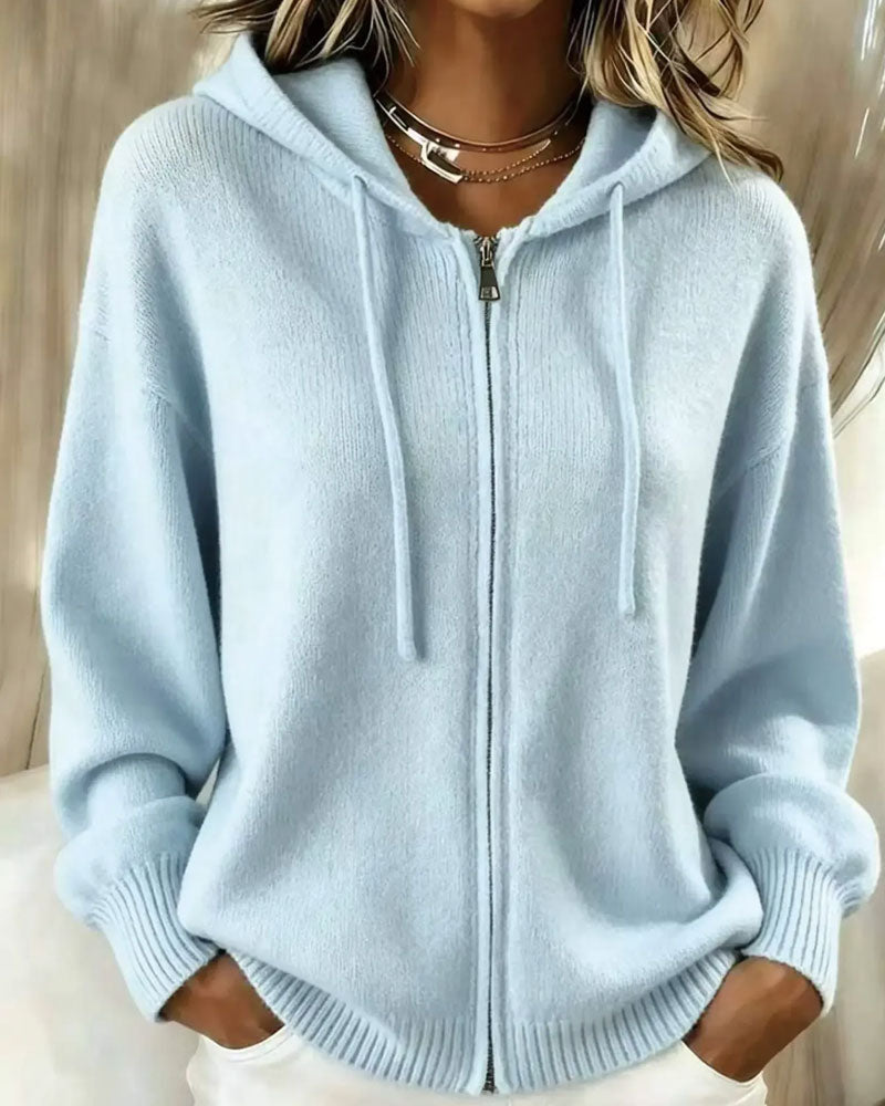 Hooded Drop Shoulder Zipper Knit Cardigan