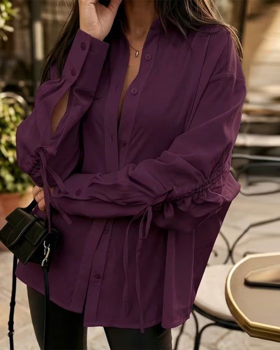 Tie Ruched Button Front Loose Shirt