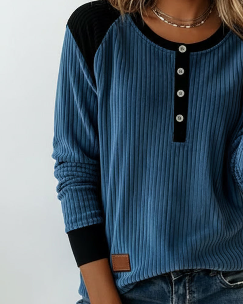 Button Ribbed Color-Block Top