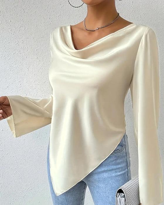 Casual solid color pleated irregular long sleeve blouse
