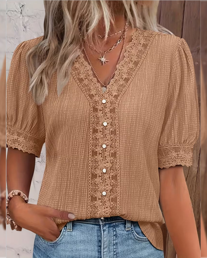 Lace Patchwork V-Neck Puff Sleeve Blouse