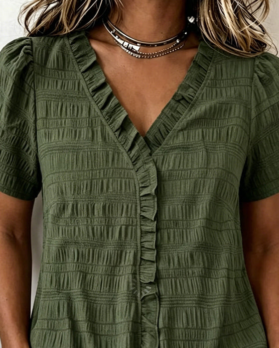 V-Neck Solid Color Blouse