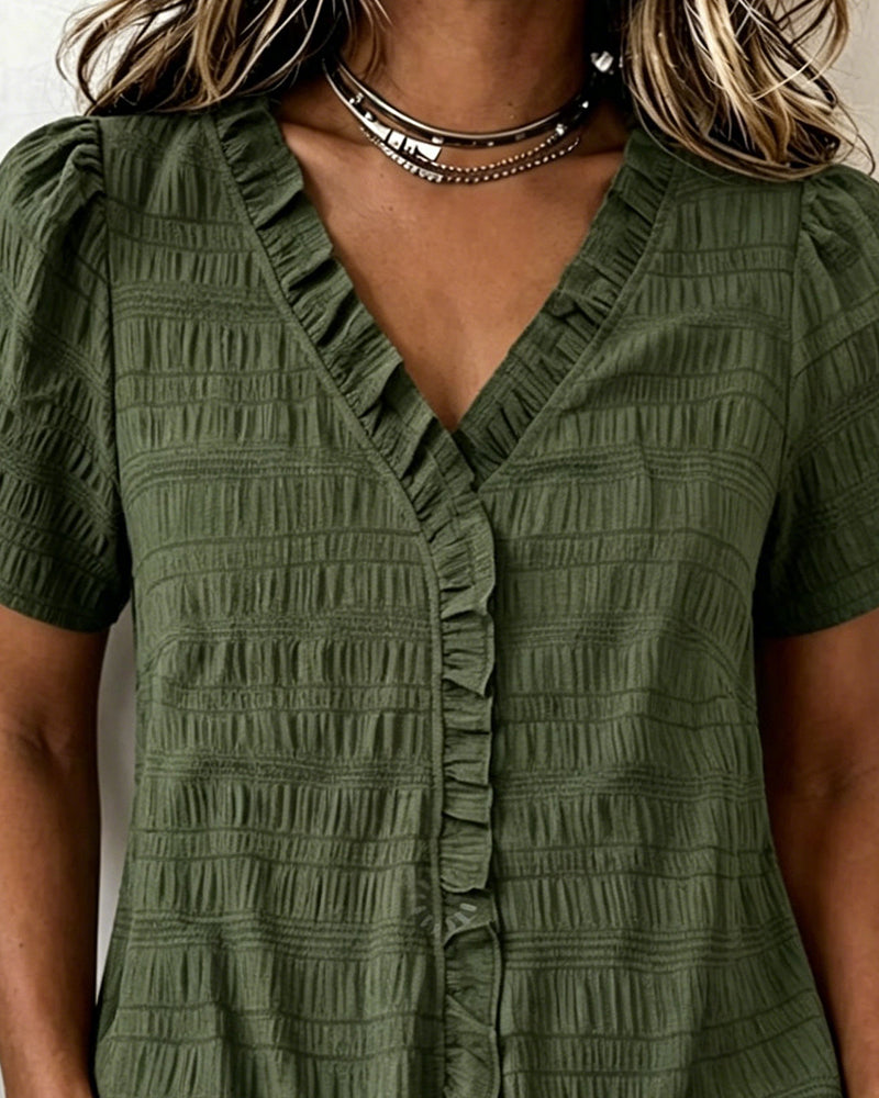 V-Neck Solid Color Blouse