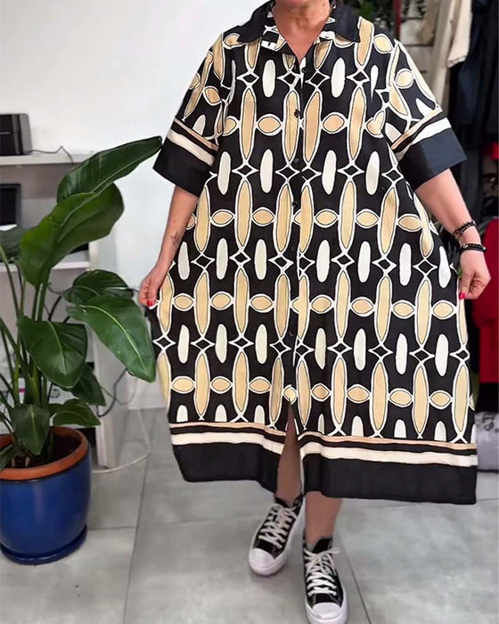 Collared Printed Short-Sleeve Loose Dress