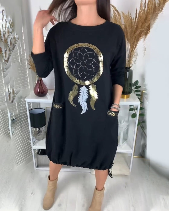 Drawstring round neck pockets dress