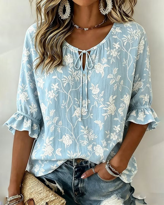 Tie Ruffle Print Blouse