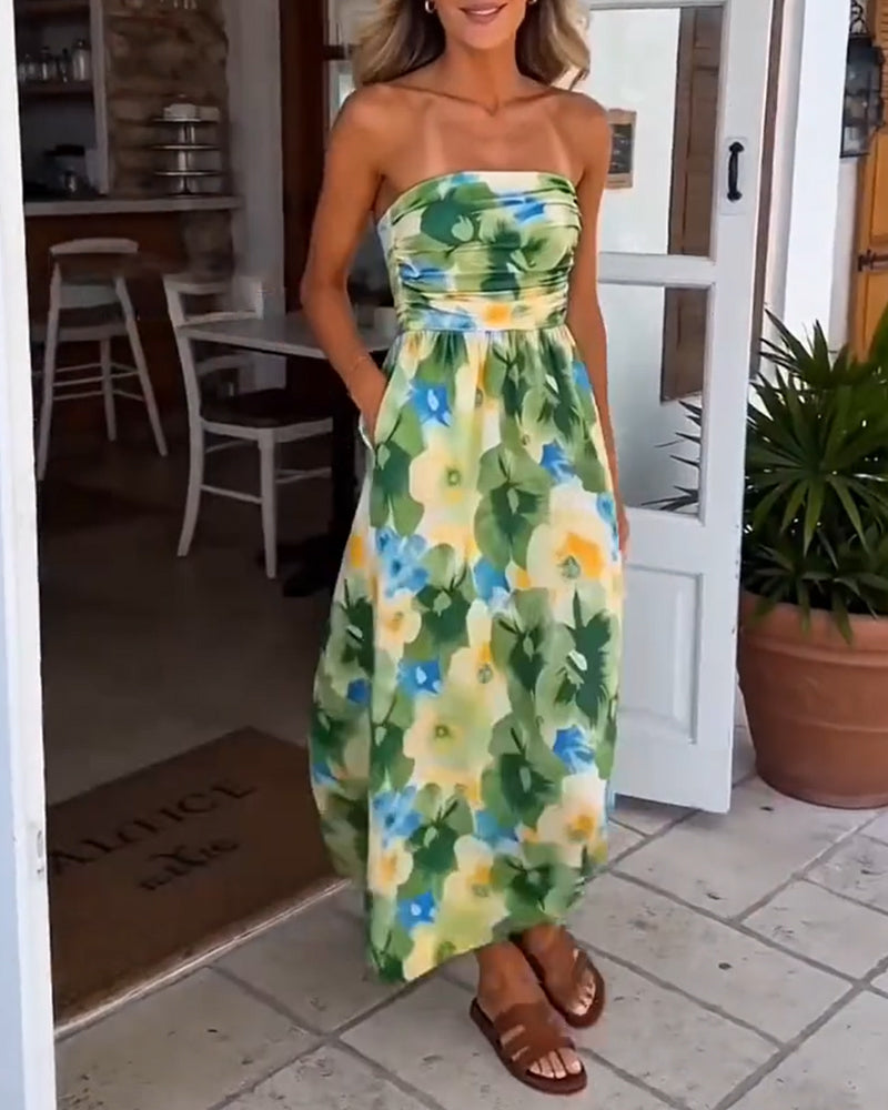 Floral Strapless Waist A-Line Dress