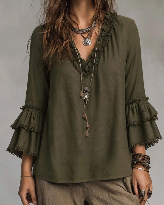 V-Neck Two-Tier Sleeve Ruffle Blouse