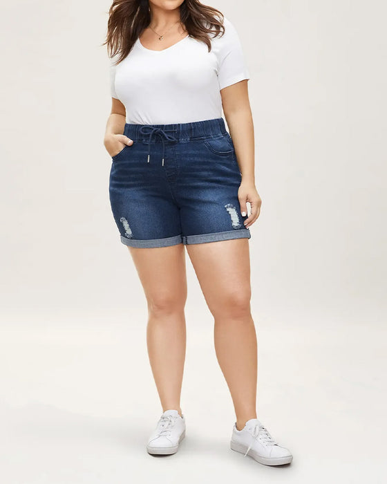Elastic Waist Ripped Denim Shorts