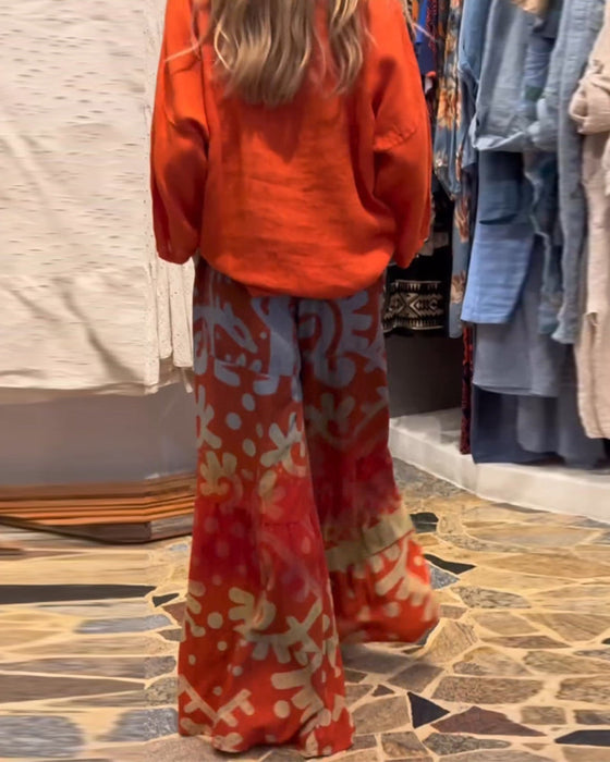 Printed pocket loose wide-leg pants