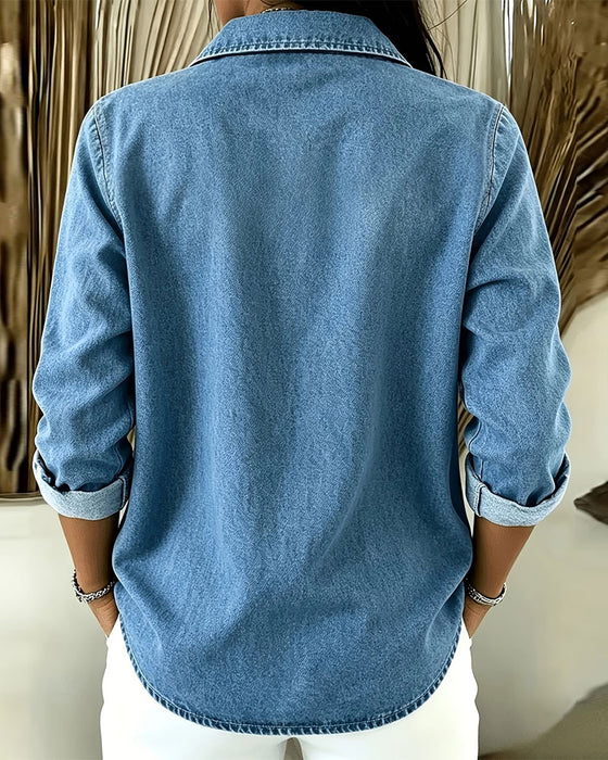 Lapel Zippered Long Sleeve Loose Top