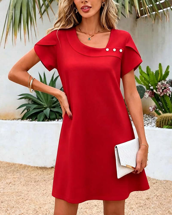 Asymmetric Neck Button Short-Sleeve Solid Dress