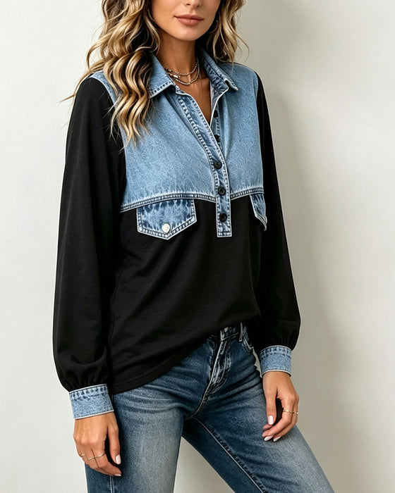Shirt Collar Pocket Patchwork Sweatshirt