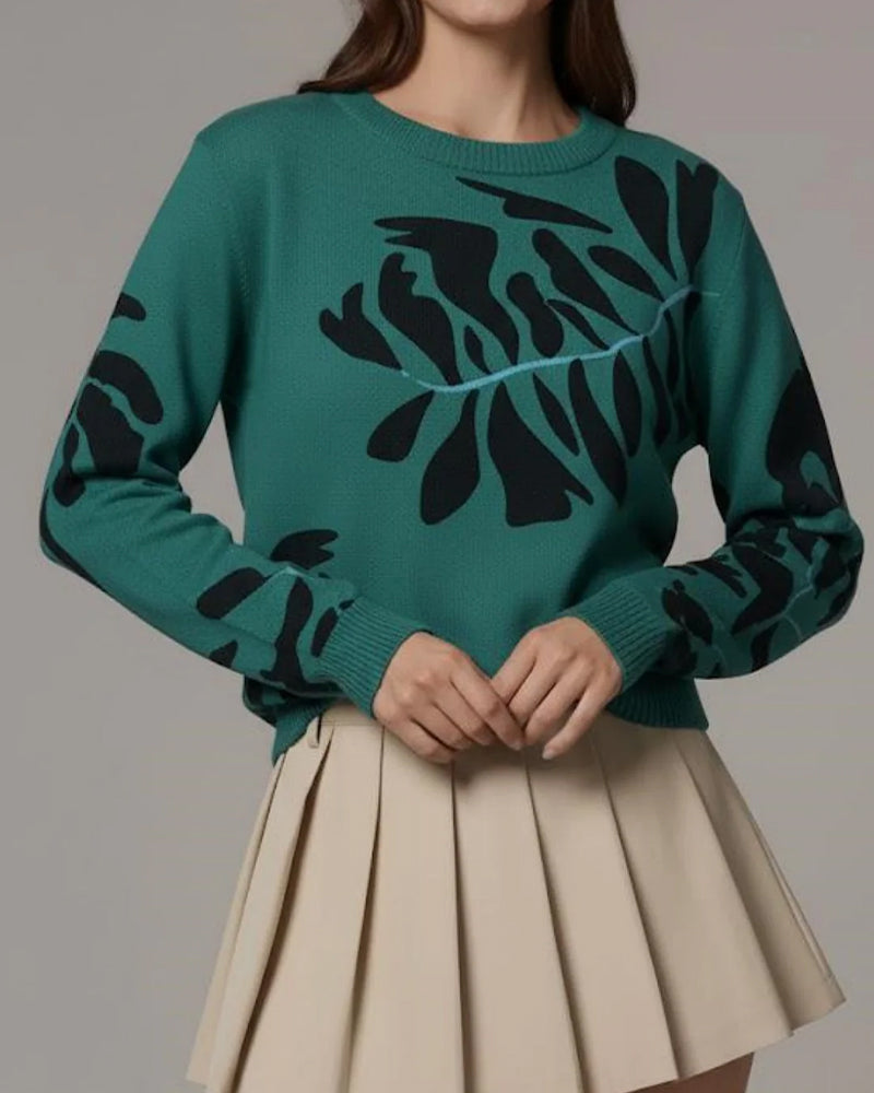 Women's Colorblock Crochet Knit Sweater, Long Sleeve Crewneck Loose Fit Pullover Top, Boho Vintage Cotton Knitwear